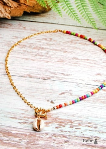 Boho Necklace, Blue Colorful Hippie Gold Shell